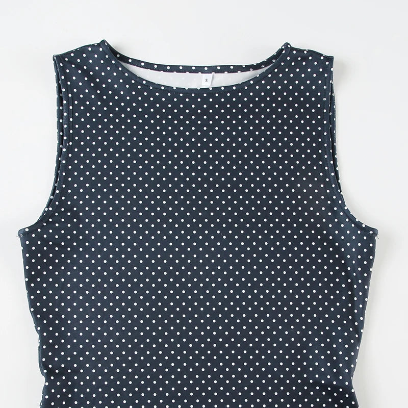 Sleeveless Short Dot Print Women Dresses Slim Fit Elegant Simple Office Lady Trendy Clothes