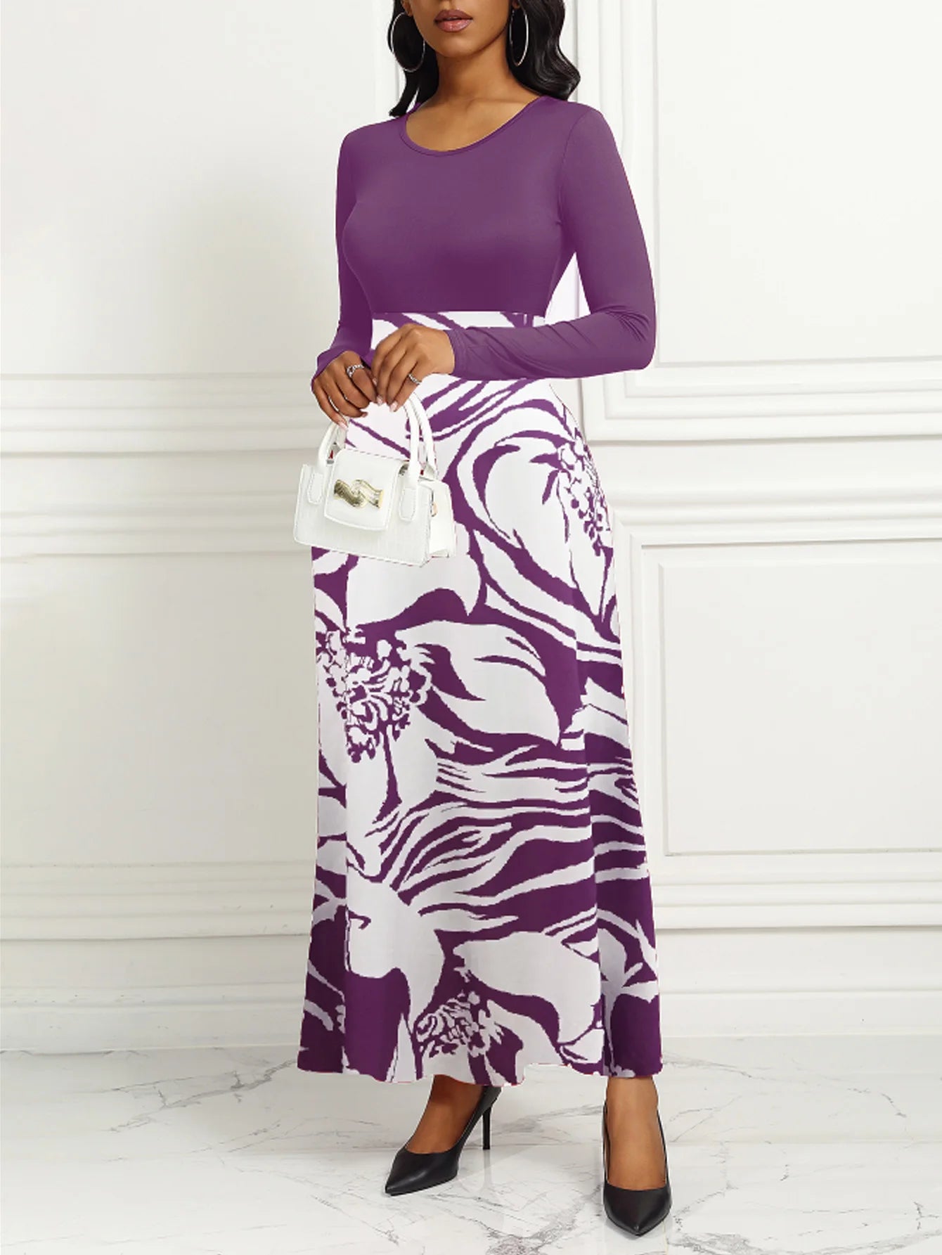 Women Dresses Long Sleeve Round Neck Printed Hem Long Dress Purple Elegant Style