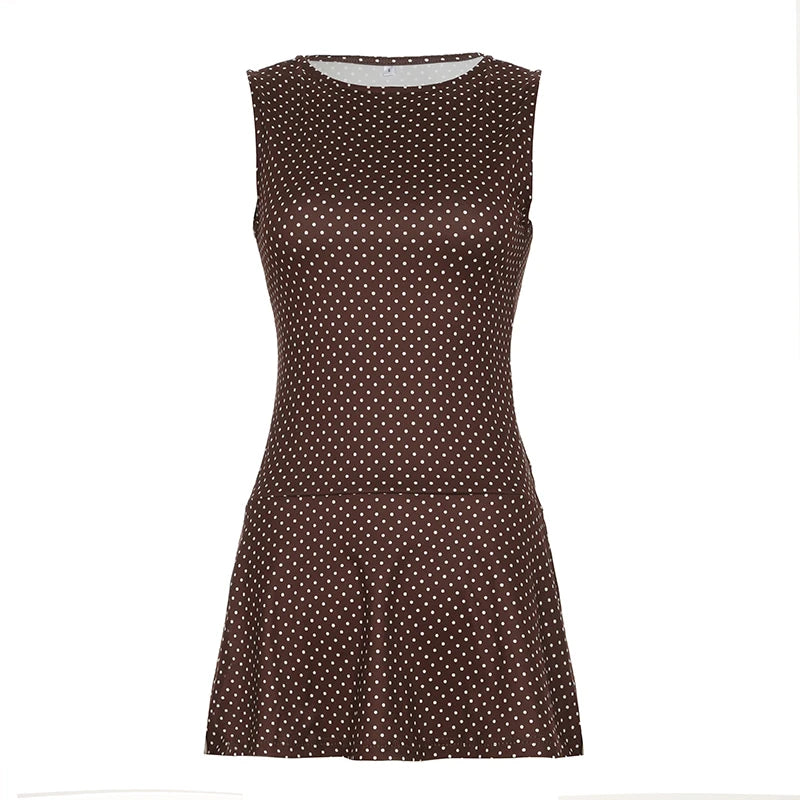 Sleeveless Short Dot Print Women Dresses Slim Fit Elegant Simple Office Lady Trendy Clothes