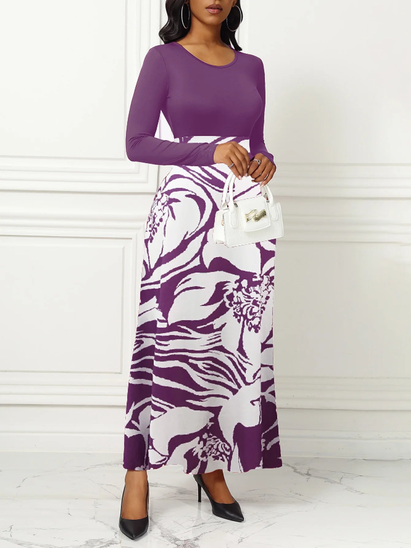 Women Dresses Long Sleeve Round Neck Printed Hem Long Dress Purple Elegant Style