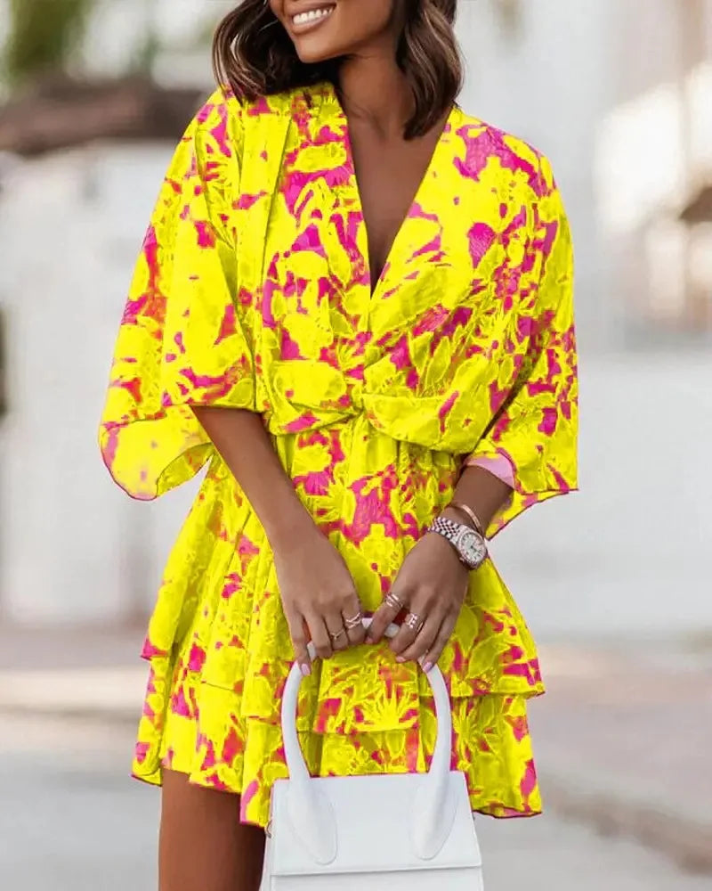 Women Dresses Fashion Vacation Sundress Women's Bat Sleeve Ruffles Dresses Summer Irregular Mini Dress