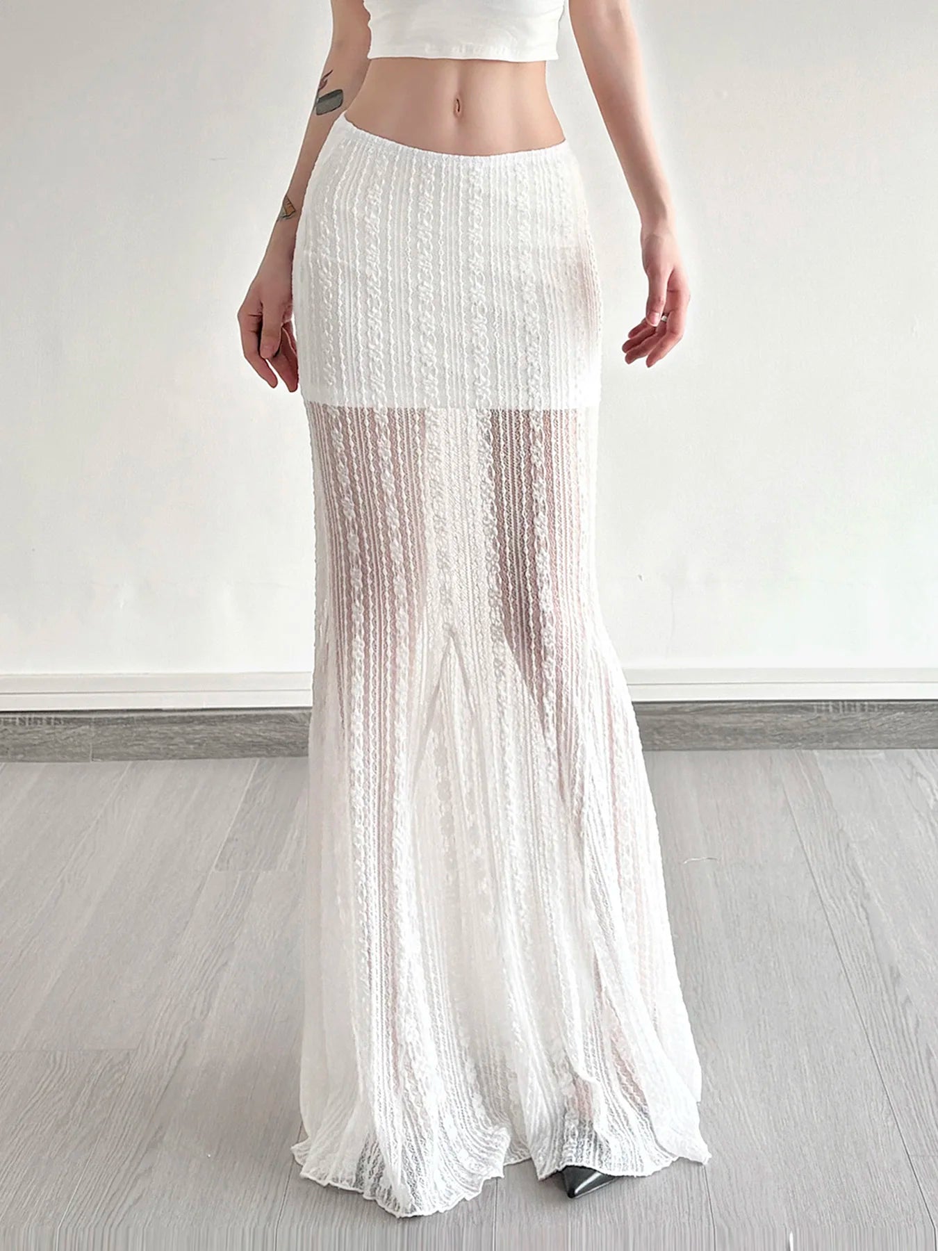 Solid Simple Lace Sheer Chic Women Long Skirts Fashion Summer Causal All-Match Women Dresses