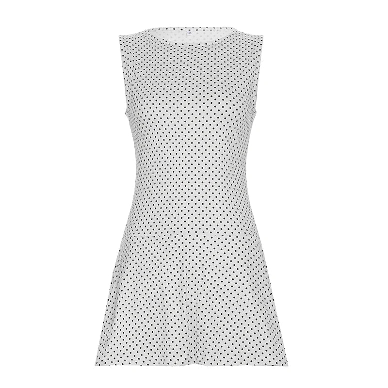 Sleeveless Short Dot Print Women Dresses Slim Fit Elegant Simple Office Lady Trendy Clothes