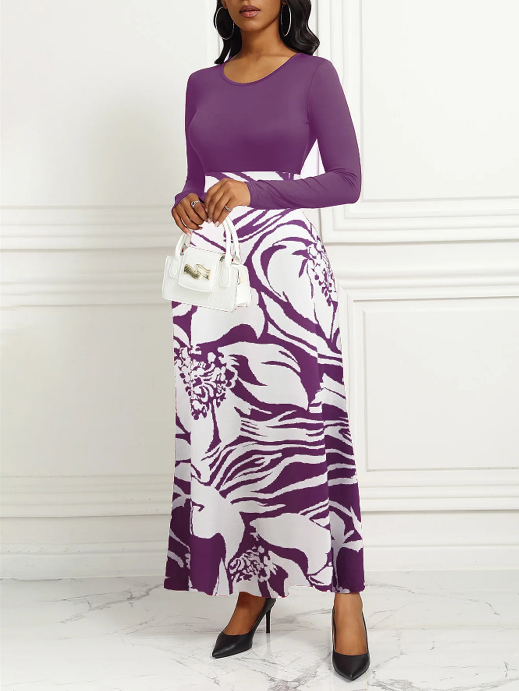 Women Dresses Long Sleeve Round Neck Printed Hem Long Dress Purple Elegant Style