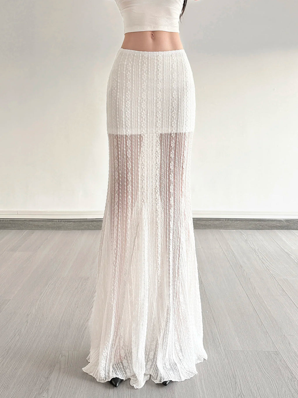 Solid Simple Lace Sheer Chic Women Long Skirts Fashion Summer Causal All-Match Women Dresses