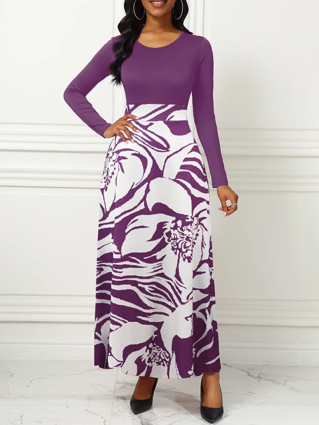 Women Dresses Long Sleeve Round Neck Printed Hem Long Dress Purple Elegant Style