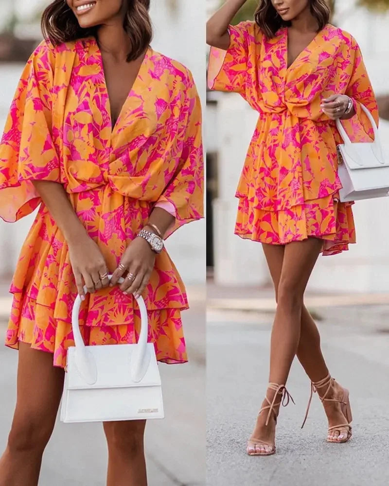 Women Dresses Fashion Vacation Sundress Women's Bat Sleeve Ruffles Dresses Summer Irregular Mini Dress