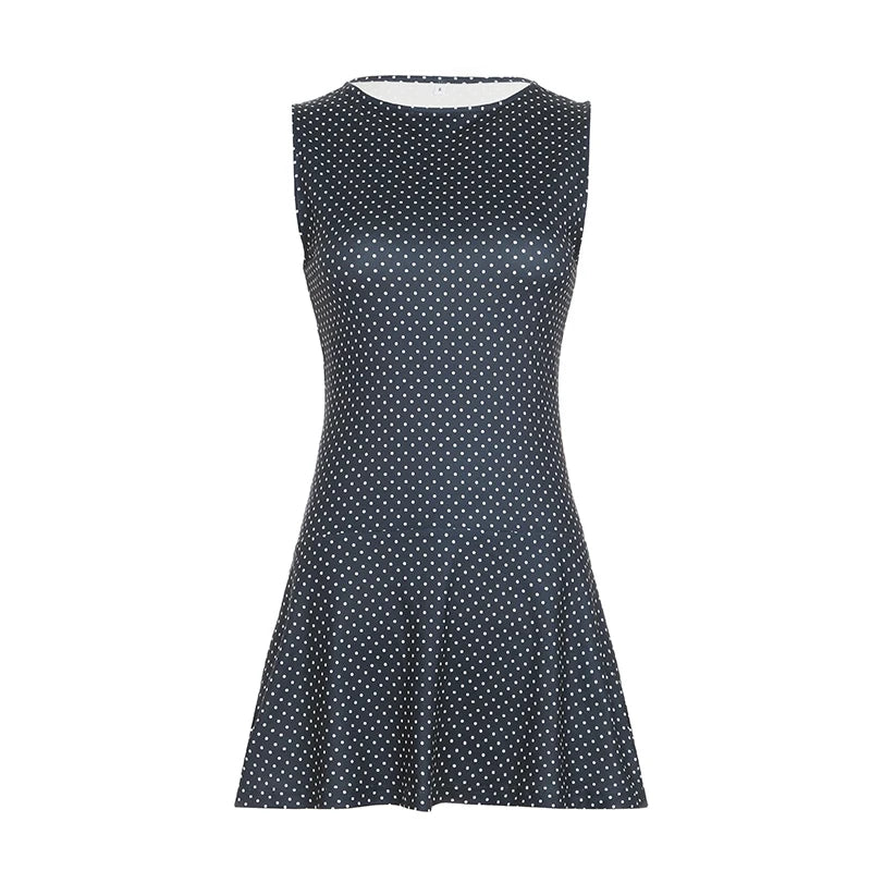 Sleeveless Short Dot Print Women Dresses Slim Fit Elegant Simple Office Lady Trendy Clothes