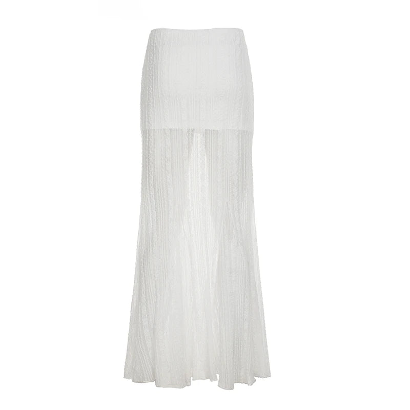 Solid Simple Lace Sheer Chic Women Long Skirts Fashion Summer Causal All-Match Women Dresses
