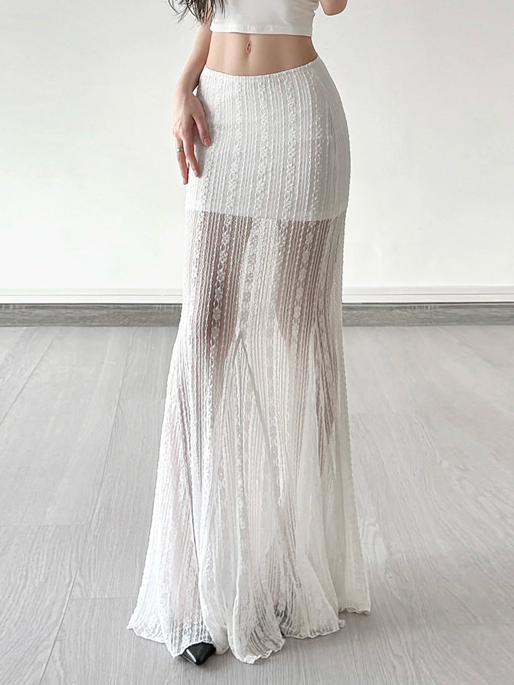 Solid Simple Lace Sheer Chic Women Long Skirts Fashion Summer Causal All-Match Women Dresses