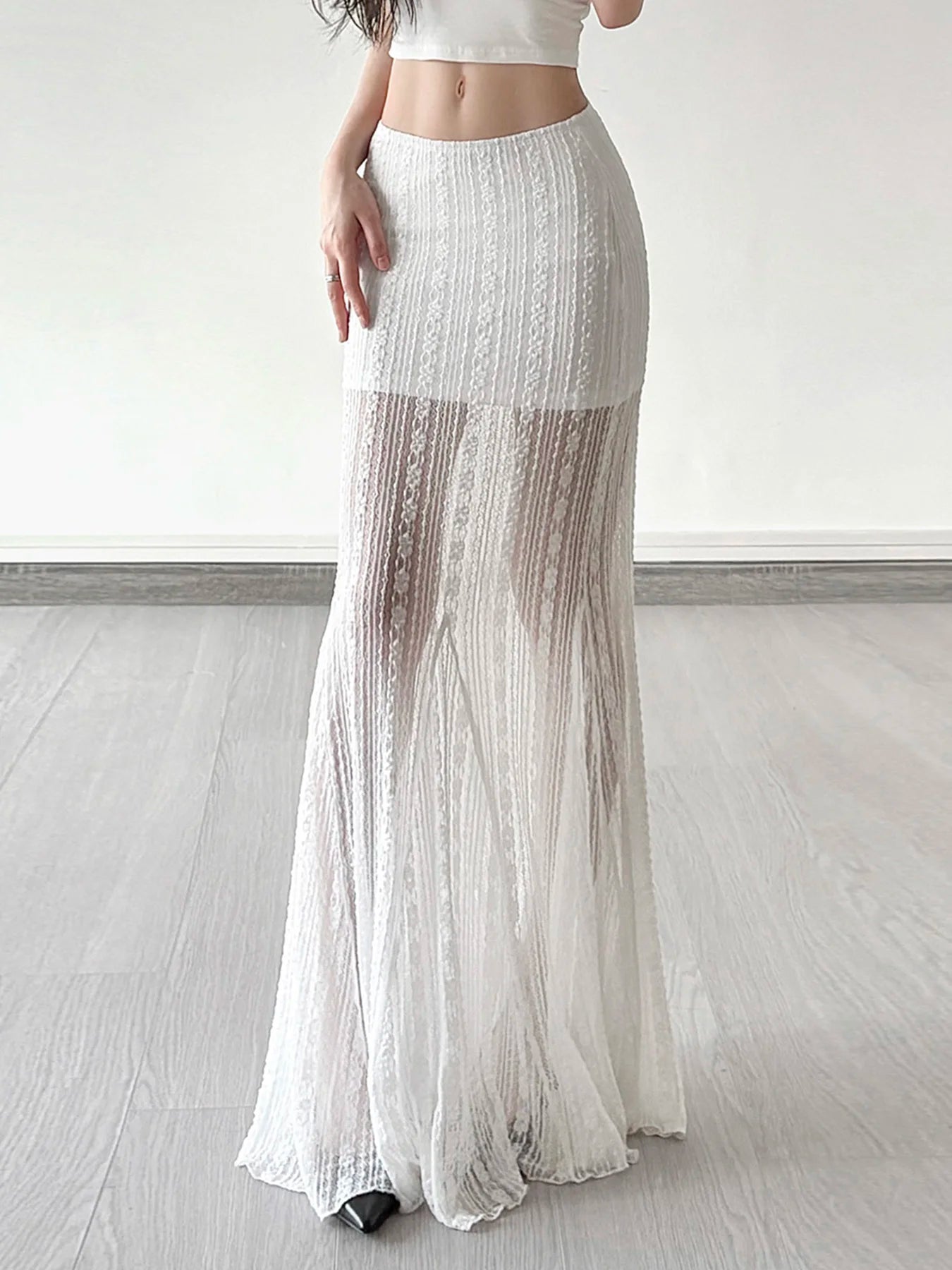 Solid Simple Lace Sheer Chic Women Long Skirts Fashion Summer Causal All-Match Women Dresses