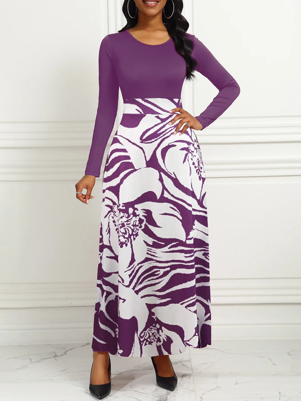 Women Dresses Long Sleeve Round Neck Printed Hem Long Dress Purple Elegant Style